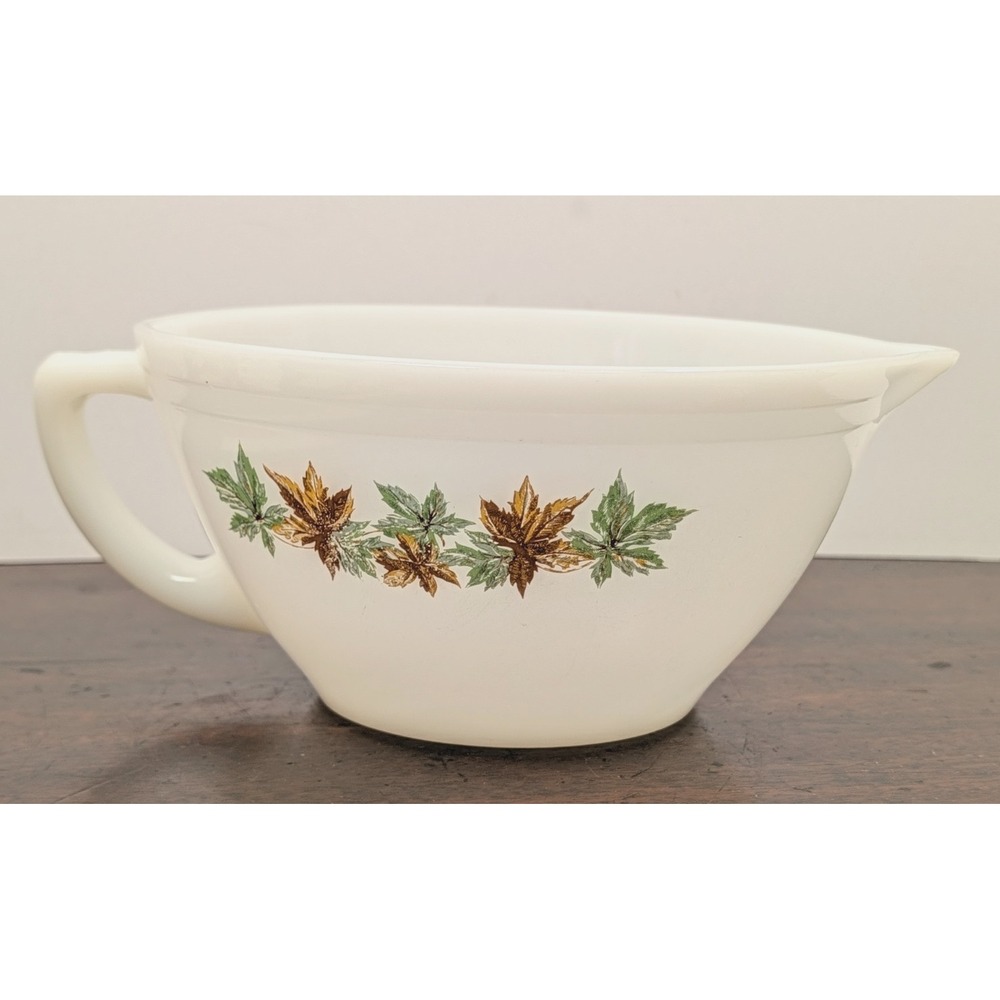 Vintage Fire King Milk Glass Batter Bowl Autumn Maple Leaves Handle Pour Spout